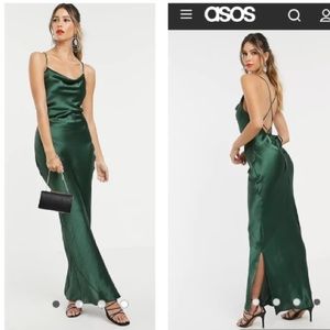 4 ASOS DESIGN cami slip dress high shine satin lace up back Green Cowl MIDI